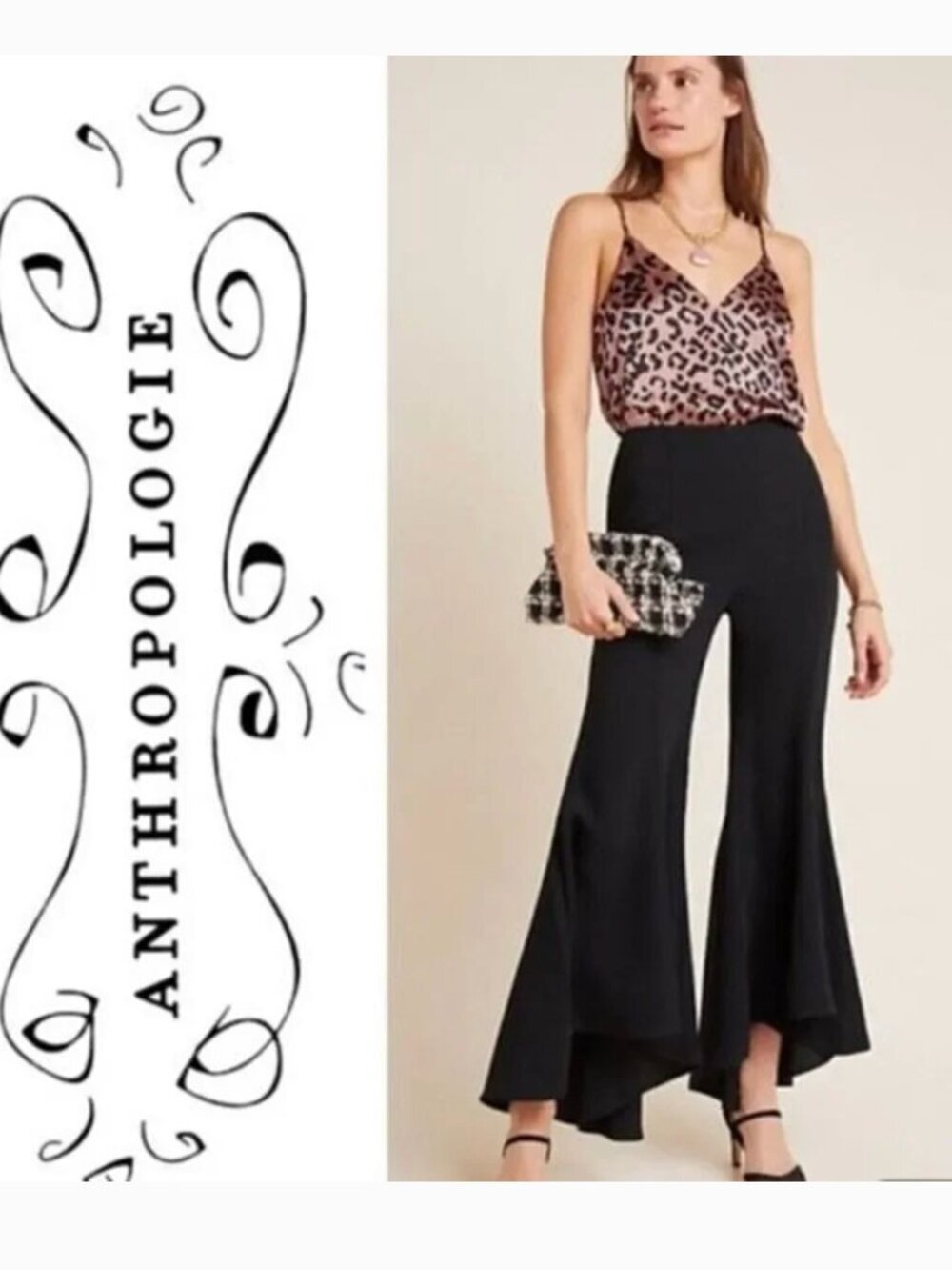 Anthropologie Zinnia Pants High Rise Tulip Hem Flare Asymmetric Slacks Black 8